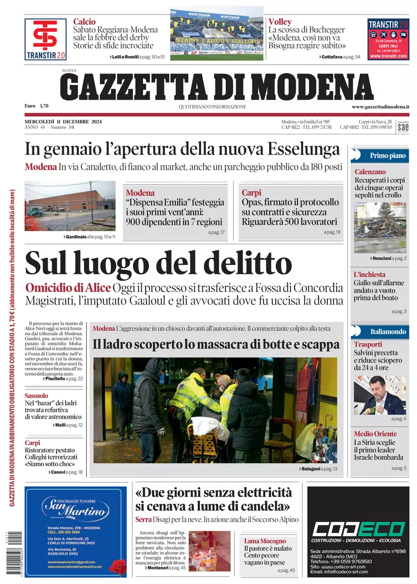 Prima-pagina-gazzetta di modena-oggi-edizione-del-2024-12-11